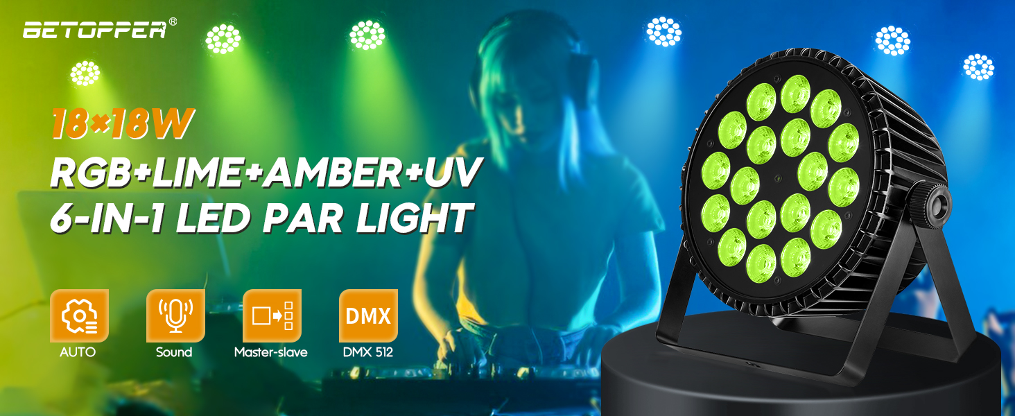 Betopper LEDパーライト 18x18W 6-in-1 DMX対応 Betopper LPC1818 Upgraded 18x18W Lime Amber UV + RGB LED PAR